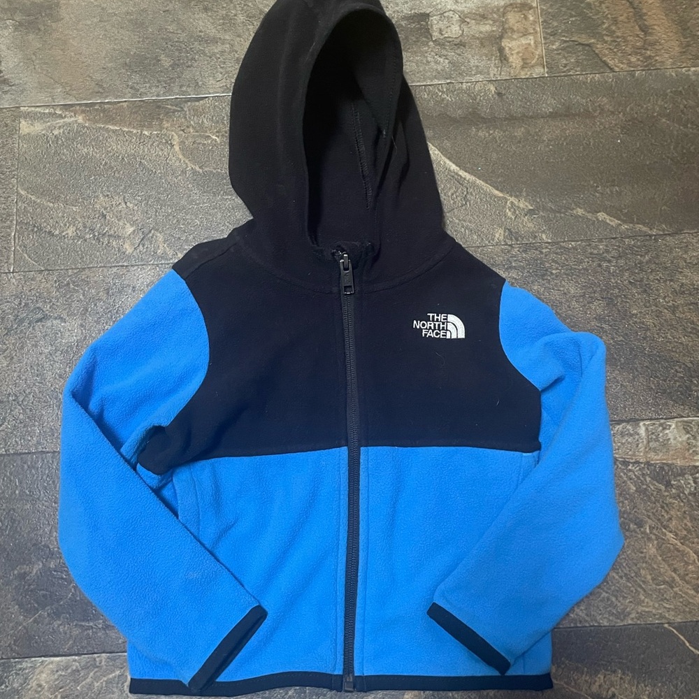 The North Face Blue and Black Hooded Sweatshirt with Color Blocking